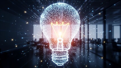 Innovative business idea represented by a glowing lightbulb in a modern office environment