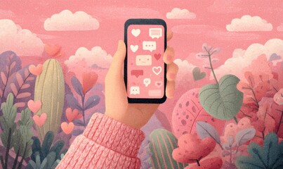 Person holding a mobile phone displaying hearts and chat bubbles, surrounded by a romantic pink landscape with cloud formations and plants