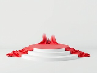 Elegant red fabric drapes over a white multi tiered podium stage
