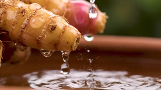 Turmeric Rhizomes with Water Droplets: Close-Up of Fresh Ingredients and Herbal Medicine Preparation
