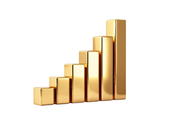 Golden bar graph, ascending heights, shining & polished, on black background