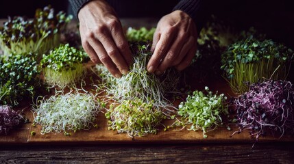 Fresh Sprout Selection: A hands delicately arranges an array of vibrant microgreens, illustrating freshness and healthy eating. 