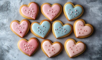 Fototapeta premium Heart shaped cookies creating patterns on a gray background, symbolizing love, celebration, and sweet treats for special occasions