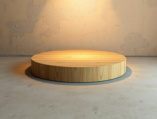Round wooden podium with spotlight on textured background for product display