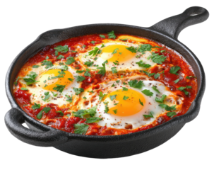 Eggs simmered in tomato sauce in a small cast iron skillet, sprinkled with parsley