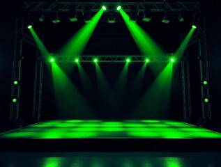 Empty concert stage illuminated by vibrant green spotlights and floor lights