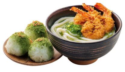 Udon noodles with fried shrimp & green rice balls, presented in bowl and plate