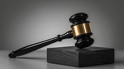 Classic black and gold judge gavel on a sound block symbolizes authority and justice in a courtroom setting.