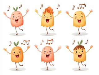 Six Joyful Cartoon Characters Singing and Dancing