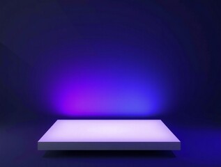 Empty white podium with vibrant purple and blue gradient lighting on a dark background