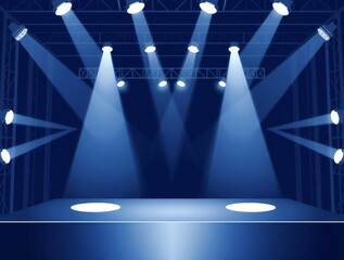 Empty stage illuminated by dramatic blue spotlights and theatrical lighting