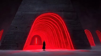 Silhouette Figure Beneath Red Lit Geometric Archway in Stark Futuristic Landscape