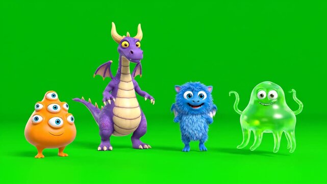 Four Animated Cartoon Monsters and Dragon Dancing on Green Screen