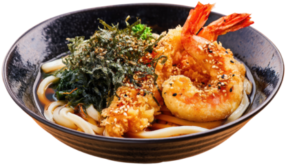 Shrimp tempura udon in a dark bowl, seaweed garnish