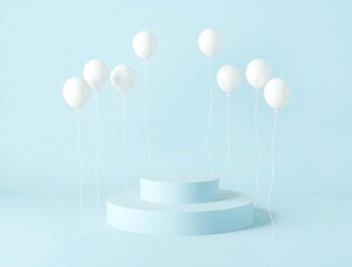 Minimalist pastel blue podium with floating spheres for product display