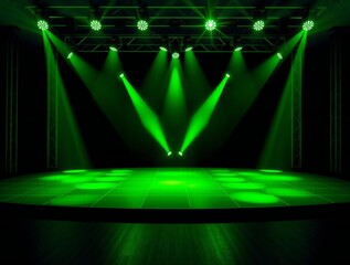 Empty concert stage illuminated with vibrant green spotlights creating a dramatic atmosphere