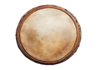 Overhead shot of a circular hand drum with a light, tan drumhead
