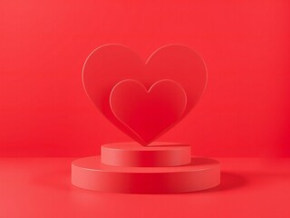 Two red hearts displayed on a red pedestal against a red background