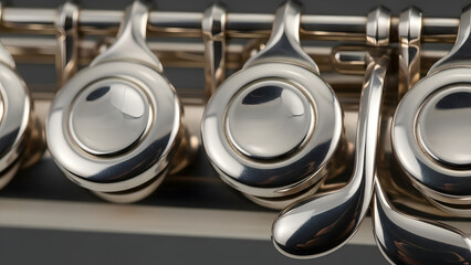 Close-up of flute keys with reflections, soft studio light, clean background.