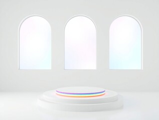Minimalist archway studio with iridescent product display platform