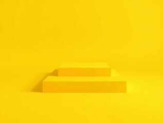 Minimalist yellow podium with three steps against a bright yellow background