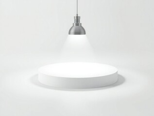 Minimalist white podium illuminated by a single hanging spotlight in a studio setting