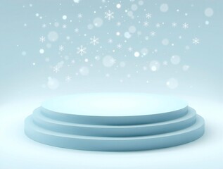 Empty blue podium with falling snow and bokeh lights for winter celebration