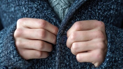 Hands buttoning a coat in a cool outdoor setting during daylight hours