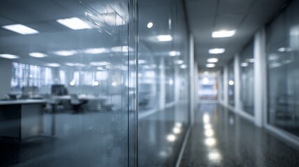 Office corridor with glass walls and desks during a workday in a modern building