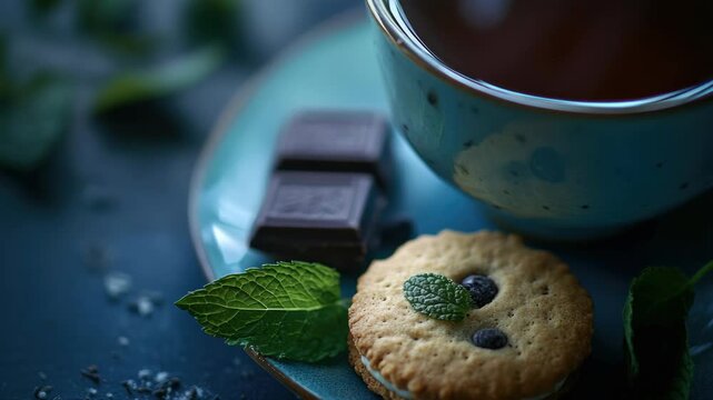 Sweet treats served on a green plate with blue and white pattern. Soothing herbal tea accompanying the chocolate cookie.