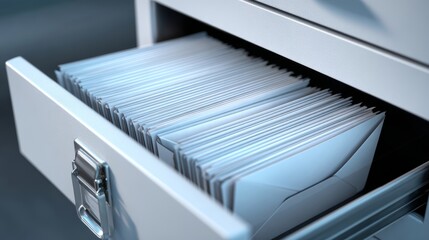 Drawer filled with white envelopes arranged neatly in a silver cabinet at an office setting during daytime