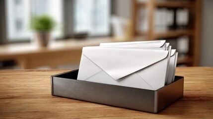 Collection of white envelopes placed neatly in a black box on a wooden table in an office space with large windows