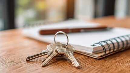 Keys and notebook are placed on wooden table in a room with natural light during the day