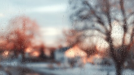 Morning rain creates droplets on a window while soft light shines through a blurred background in a quiet neighborhood