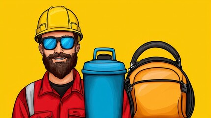 Smiling Bearded Man in Hard Hat with Backpack and Water Bottle Pixel Art Illustration