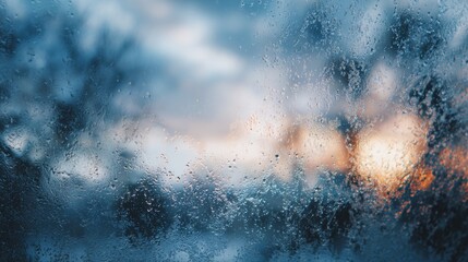Rain falls on window while sunset creates colors in the sky behind trees in the distance