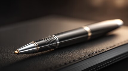 Black pen resting on a leather notebook in a well-lit workspace during the evening