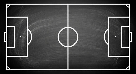 Aerial view of a soccer field on a blackboard with white lines and markings for strategy planning in sports with sports strategy and game planning and team sport