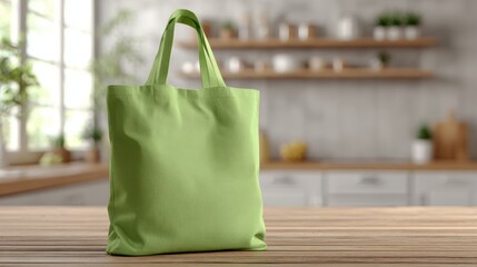 Bright green bag rests on wooden table in a kitchen with shelves and plants in the background
