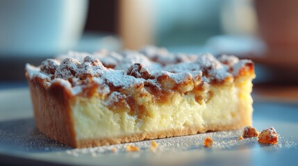 Dessert with a crust and filling on a plate at a cafe in the afternoon sunlight, with sugar dust on top