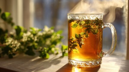 Warm tea with fresh herbs sits on a windowsill during the afternoon light in a cozy home