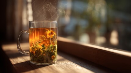 Hot drink with flowers sits on wooden ledge in a warm room illuminated by natural light