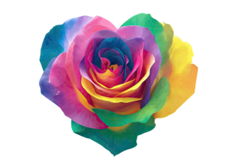 Vibrant rose bloom. Petals displaying spectrum of rainbow colors. Isolated on black