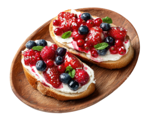 Berry toasts ricotta, currants, raspberries, blueberries on bread on wooden platter