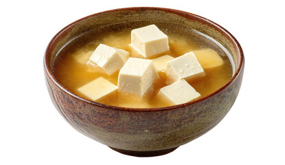 Miso soup with cubed tofu in speckled brown bowl, simple meal