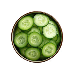 Bowl filled with fresh, bright green cucumber slices, top view
