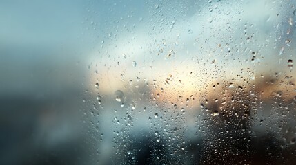 Rain falls on a window while the sun sets in the background creating a mix of light and shadow in the evening