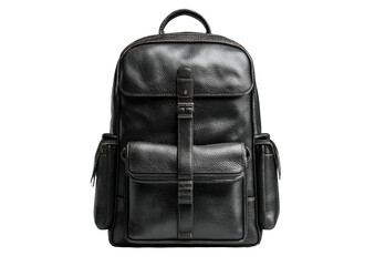 Front view of a black leather backpack with pockets against a black background