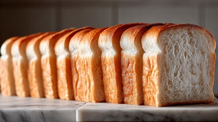 Bread is arranged in a straight line on a counter ready for slicing and serving in a kitchen