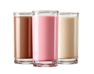 Three glasses, brown, pink, and cream smoothies, on black background
